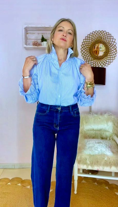 BLUSA FRUNCIDA RAYAS AZUL