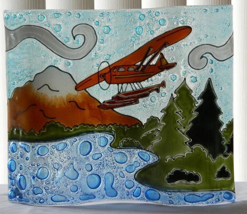 Float Plane Wavy Fused Art Glass on Vivid Blue Lake Lodge Decor Made in Ecuador