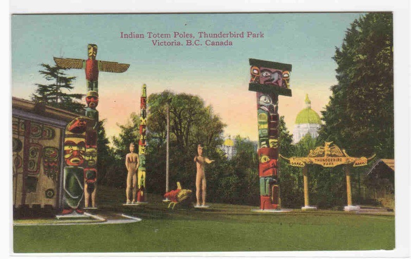 Indian Totem Poles Thunderbird Park Victoria BC Canada postcard