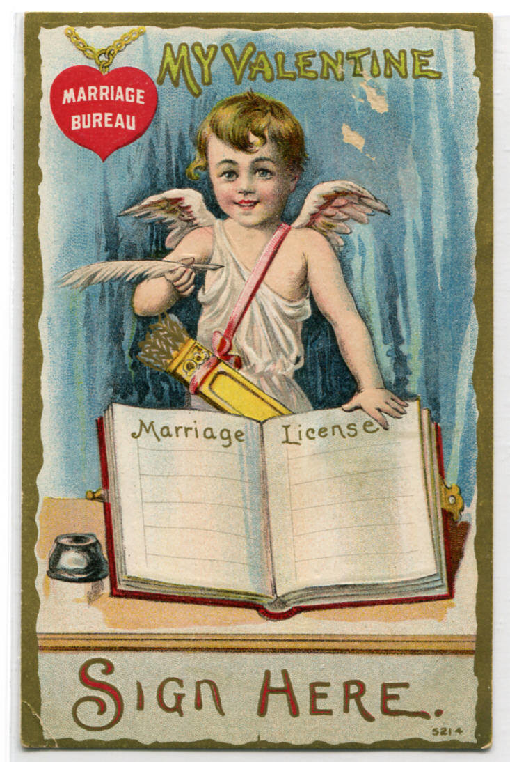 Cupid with Marriage License Valentine's Day 1910c greeting postcard