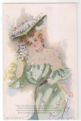 Beautiful Lady Woman Violets Just Girl Series artist Anderson postcard