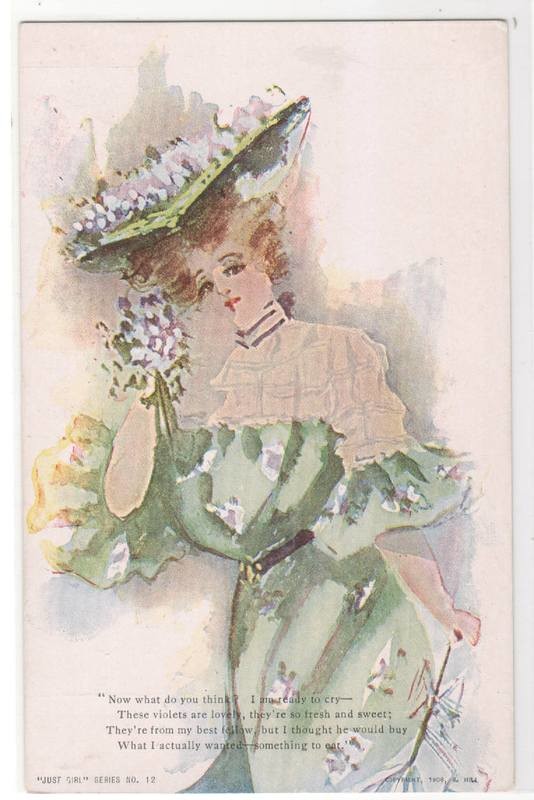 Beautiful Lady Woman Violets Just Girl Series artist Anderson postcard