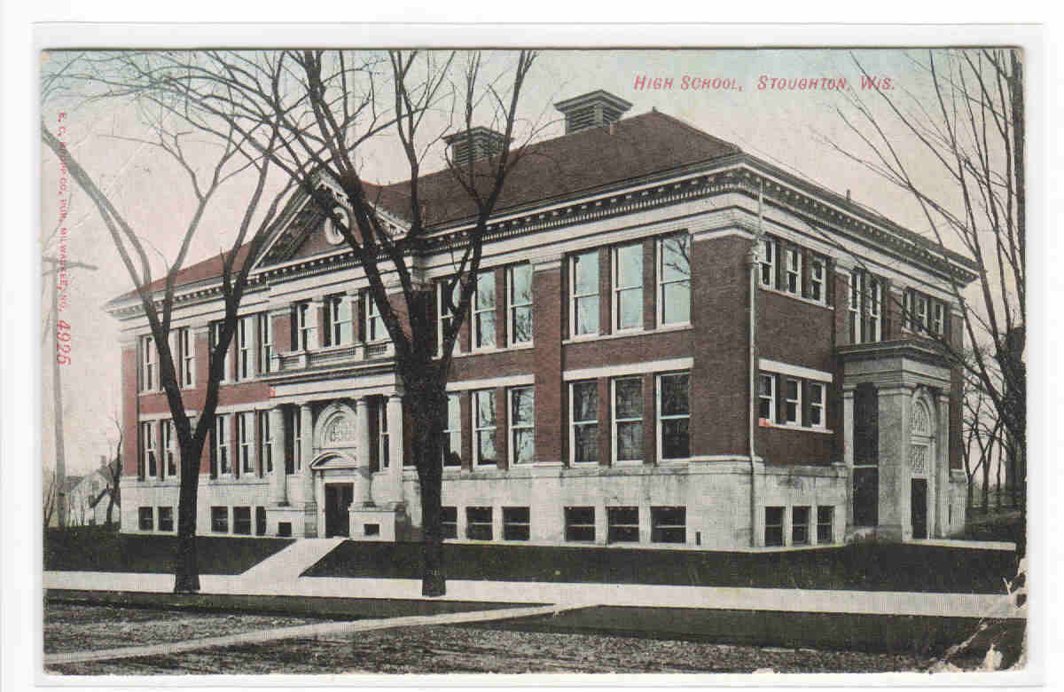 High School Stoughton Wisconsin 1908 postcard