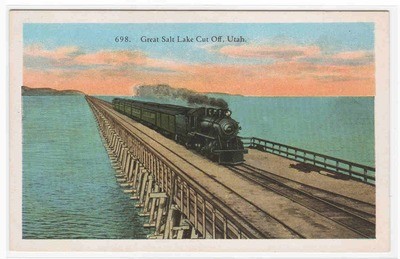 Railroad Train Great Salt Lake Cutoff Utah 1920c postcard
