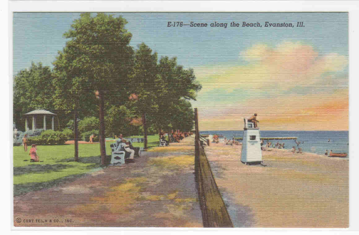 Beach Scene Evanston Illinois linen postcard