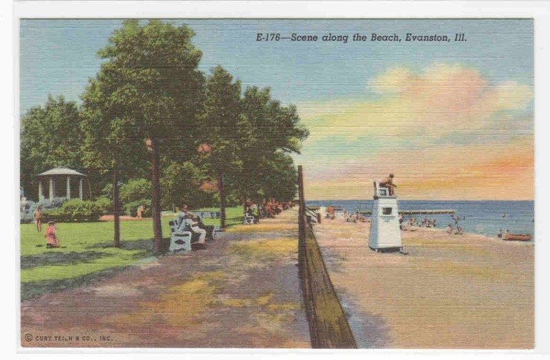 Beach Scene Evanston Illinois linen postcard