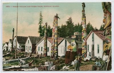 Indian Village Totem Pole Native American Howkan Alaska 1910c postcard
