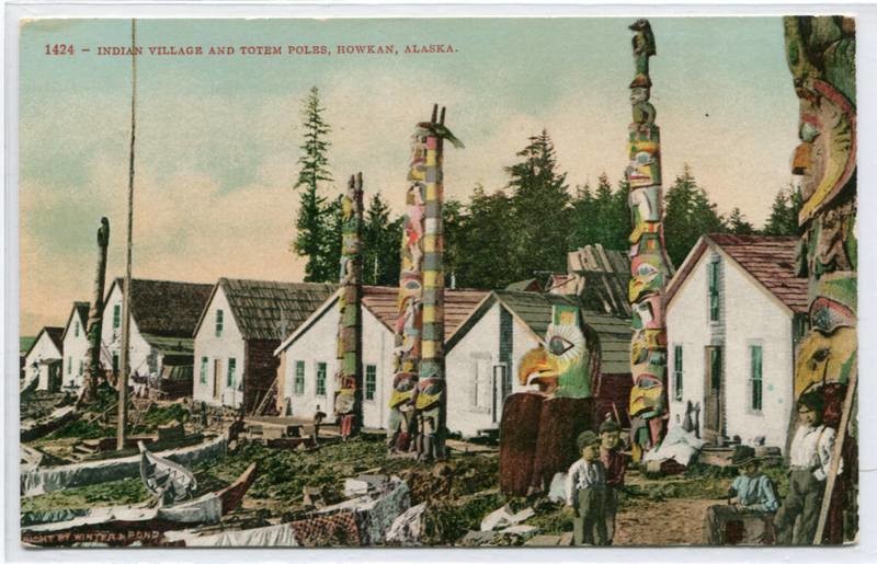 Indian Village Totem Pole Native American Howkan Alaska 1910c postcard