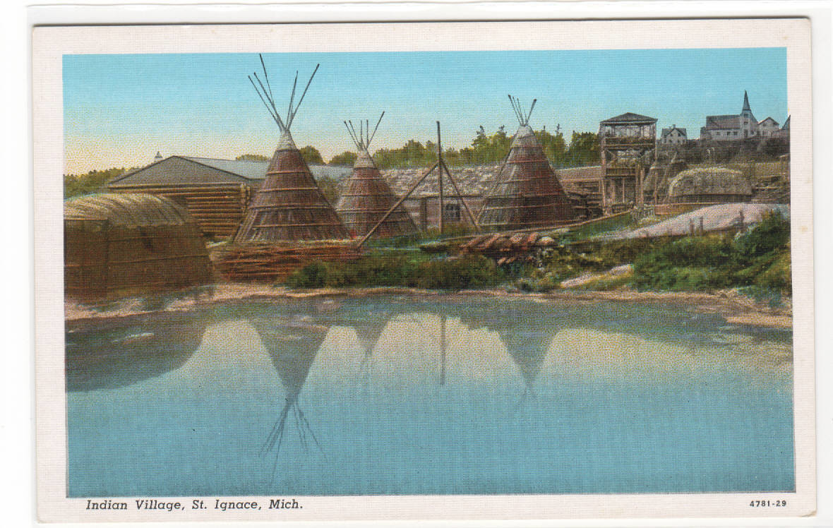 Indian Village St Ignace Michigan linen postcard
