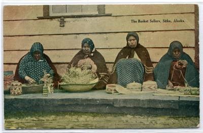 Basket Maker Seller Women Native American Sitka Alaska 1910c postcard