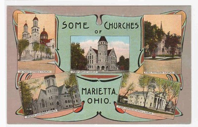 Church Churches of Marietta Ohio linen postcard