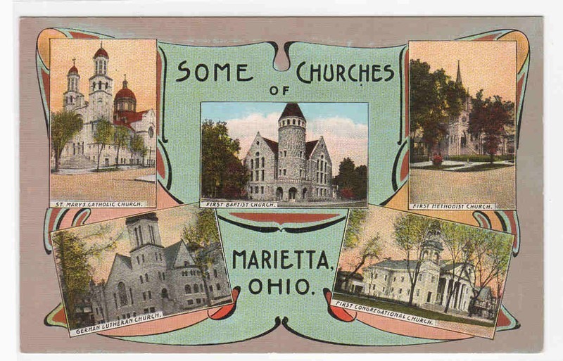 Church Churches of Marietta Ohio linen postcard