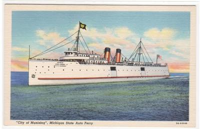 Steamer City of Munising Ship Michigan State Auto Car Ferry linen postcard