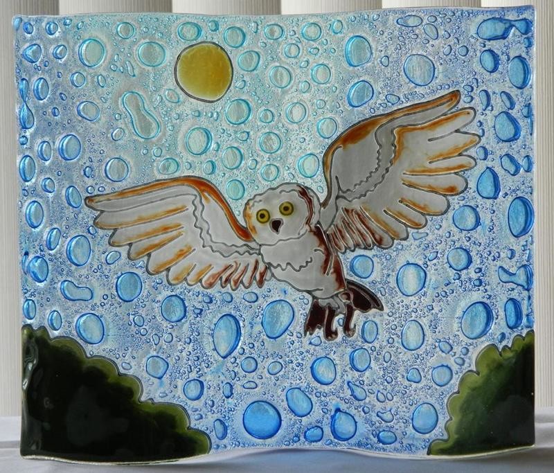 Moonlit Owl in Flight Wavy Fused Art Glass Bird Lodge Decor Made in Ecuador