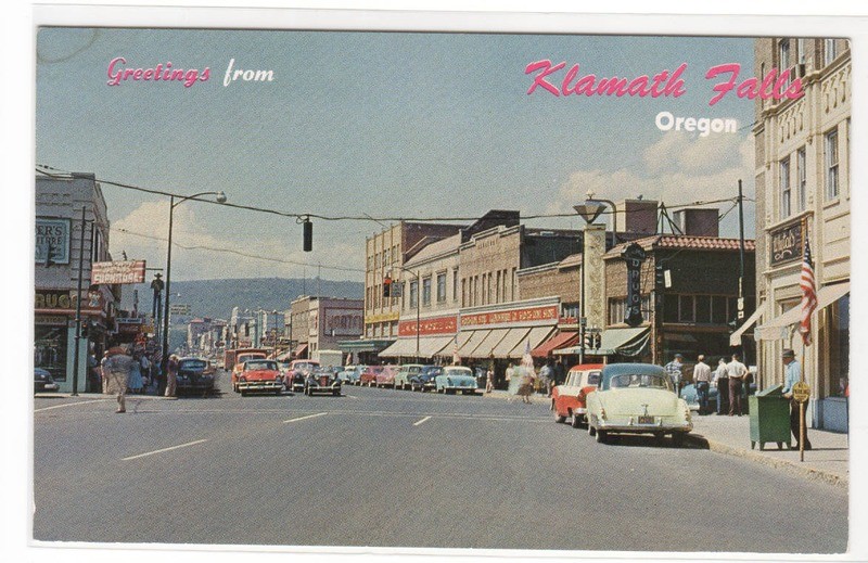 Main Street Cars Klamath Falls Oregon 1950s postcard