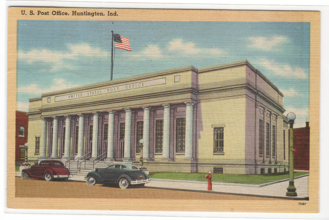 Post Office Cars Huntington Indiana linen postcard