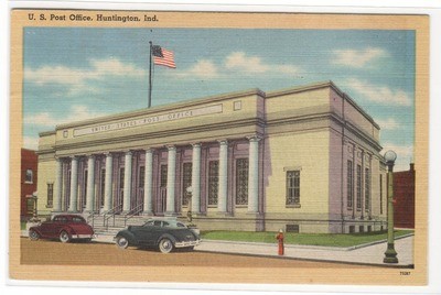 Post Office Cars Huntington Indiana linen postcard