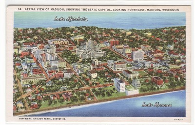 Aerial View Downtown Madison Wisconsin linen postcard
