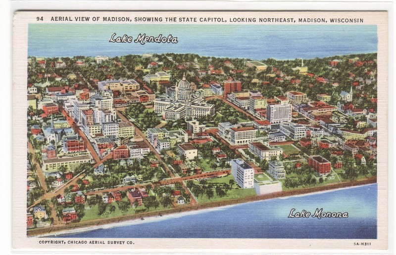 Aerial View Downtown Madison Wisconsin linen postcard