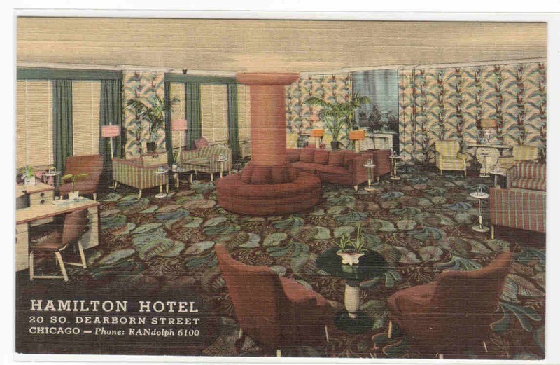 Hamilton Hotel Interior Chicago Illinois linen postcard