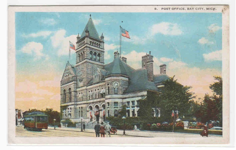 Post Office &amp; Streetcar Bay City Michigan 1920c postcard