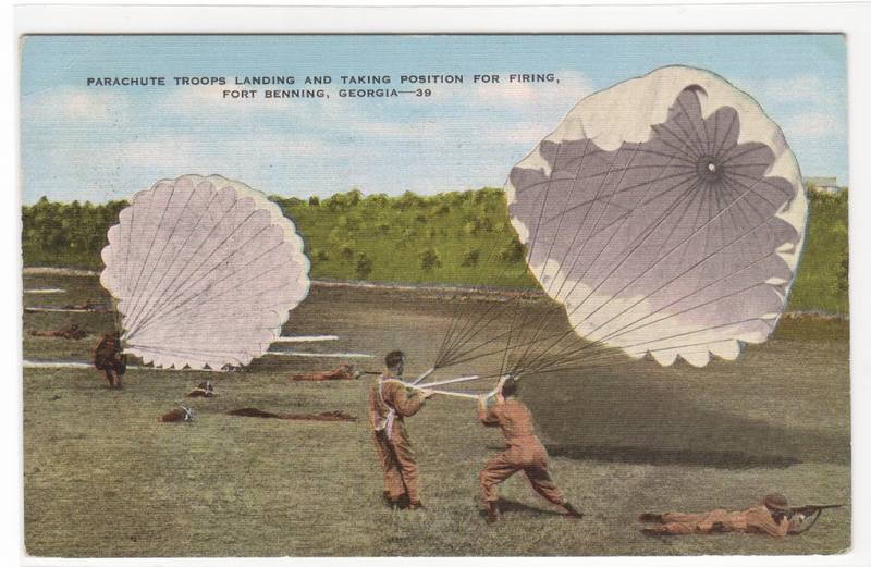 Parachute Troops Landing Fort Benning Georgia 1942 postcard
