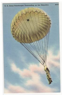 US Army Paratrooper Parachute Descending Military linen postcard