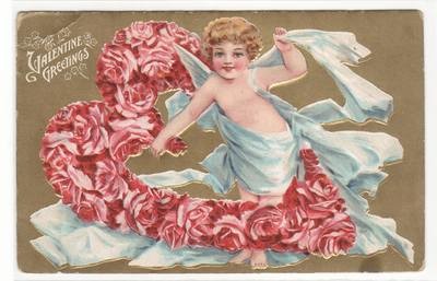 Cupid in Heart of Roses Love Romance Valentine's Day 1910c postcard
