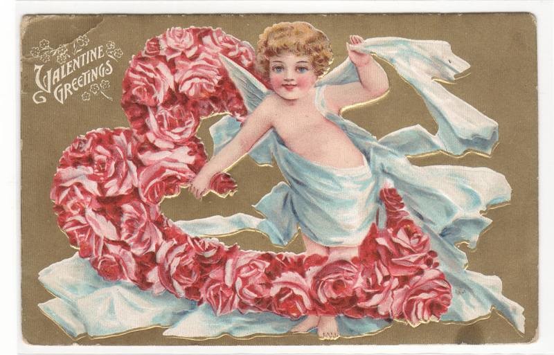Cupid in Heart of Roses Love Romance Valentine's Day 1910c postcard
