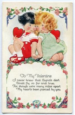 Boy Girl Couple Hearts Valentine's Day 1910c greeting postcard