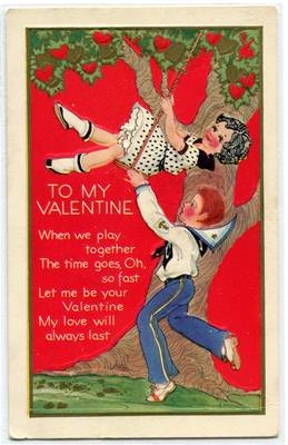 Boy Girl Couple Tree Swing Valentine's Day 1933 greeting postcard