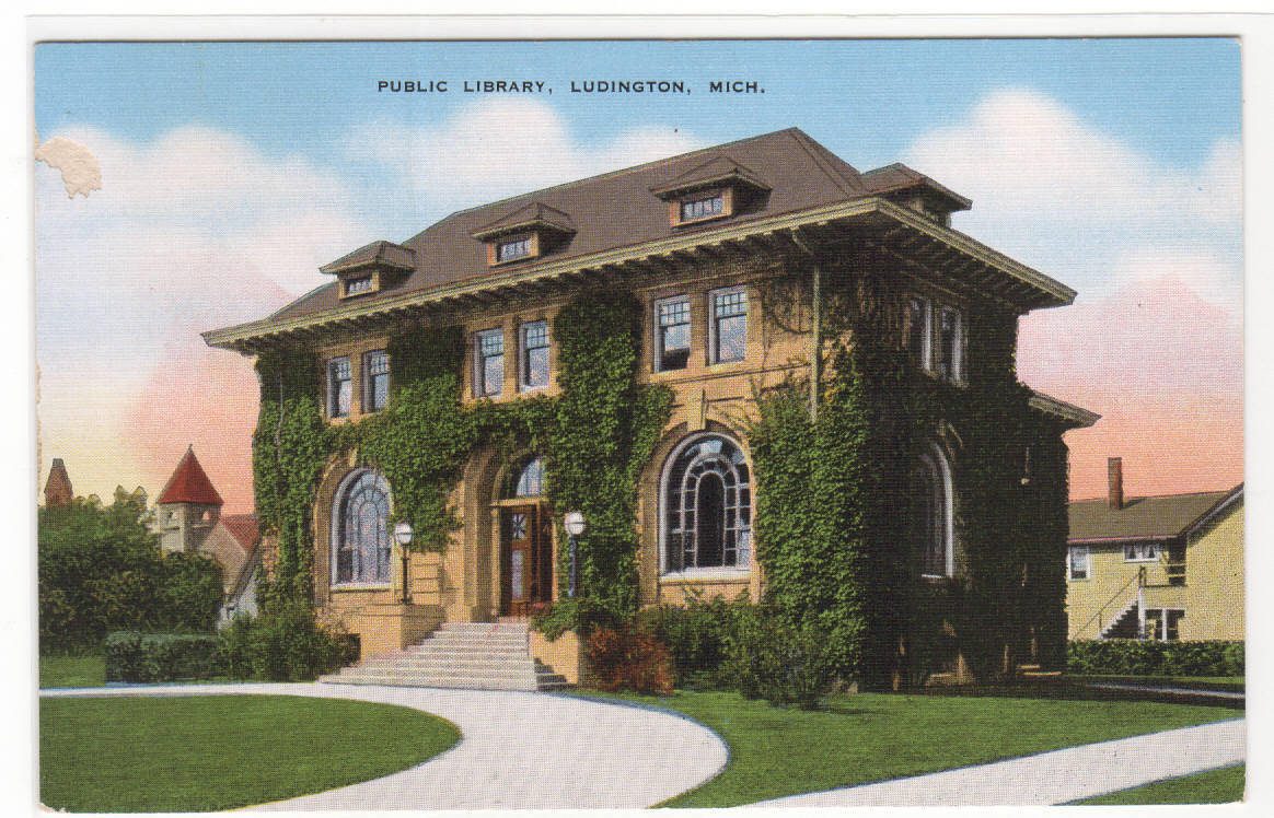 Library Ludington Michigan linen postcard