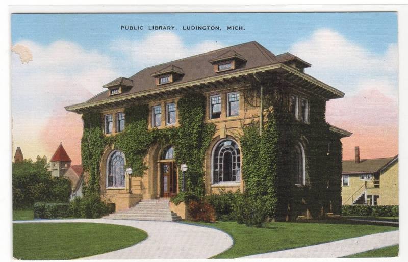 Library Ludington Michigan linen postcard