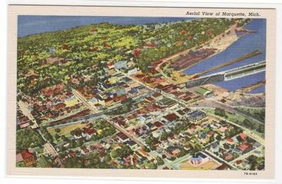 Aerial View Marquette Michigan 1940s linen postcard