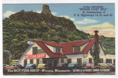 Hot Fish Shop Cars Sugar Loaf Hill US 14 Winona Minnesota linen postcard