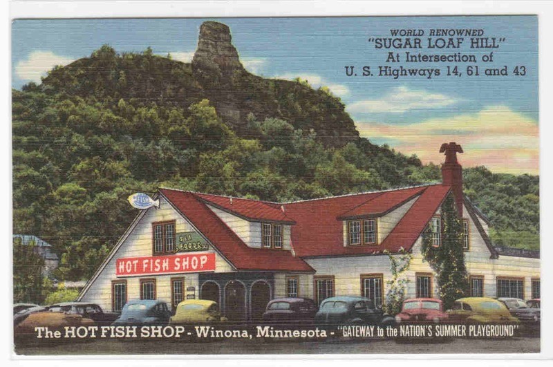 Hot Fish Shop Cars Sugar Loaf Hill US 14 Winona Minnesota linen postcard