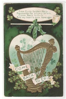 Come Back to Erin Harp St Patrick's Day Greeting 1909 postcard