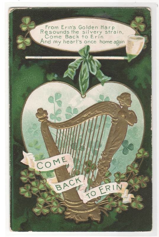 Come Back to Erin Harp St Patrick's Day Greeting 1909 postcard
