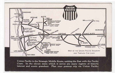 Union Pacific Railroad Route Map Chicago to California postcard