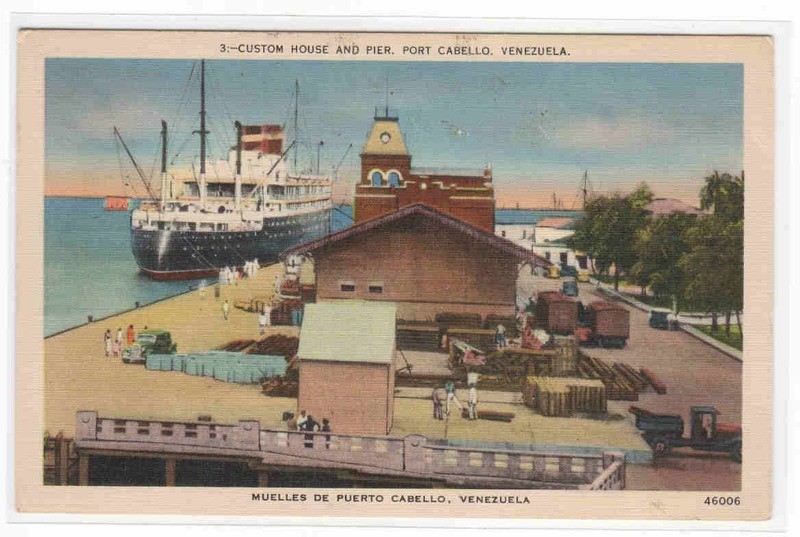 Ship at Dock Custom House Port Cabello Venezuela linen postcard