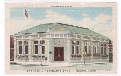 Farmers &amp; Merchants Bank Highland Illinois linen postcard