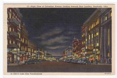 Columbus Avenue at Night Sandusky Ohio 1945 postcard