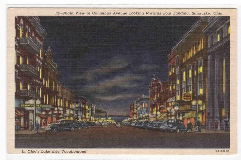 Columbus Avenue at Night Sandusky Ohio 1945 postcard