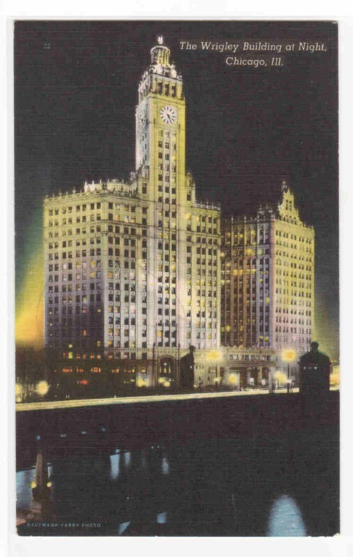 Wrigley Building at Night Chicago Illinois linen postcard