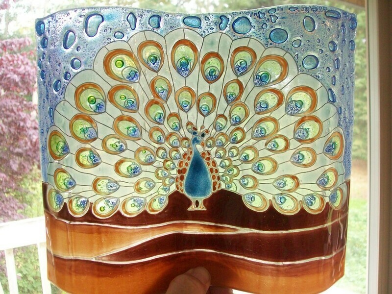 Large Peacock Colorful Bird Wavy Fused Art Glass Ecuador WFTO Fair Trade