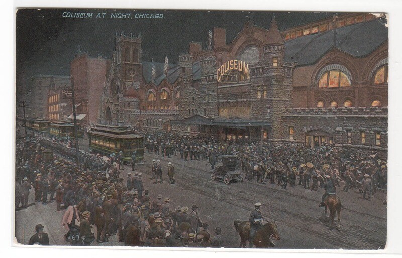 Coliseum at Night Streetcar Crowds Chicago Illinois 1910c postcard