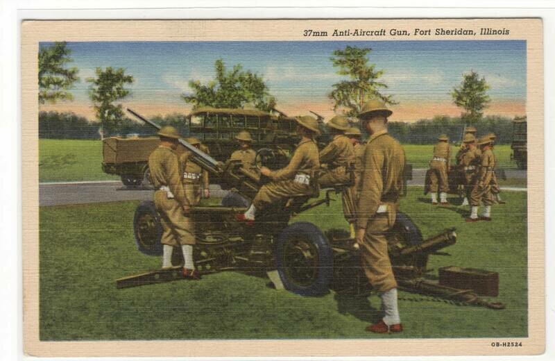 Anti-Aircraft 37 mm Gun US Army Fort Sheridan Illinois WWII era postcard