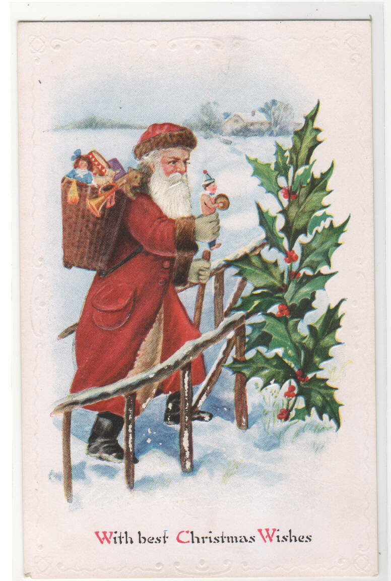 Santa With Toy Bag Holly Christmas Greeting 1910c postcard