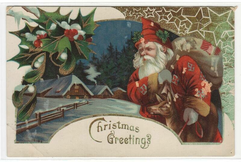 Santa Christmas Greetings Approaching Home 1910c postcard