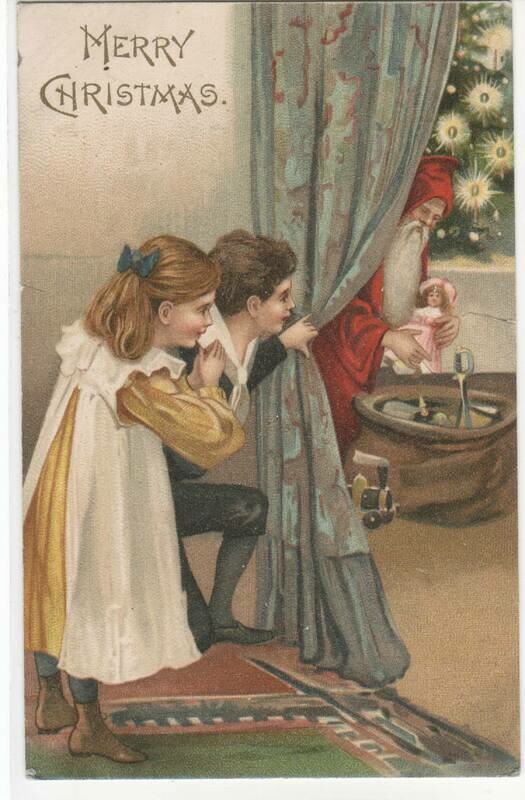 Children Peeking At Santa Christmas Greeting 1905c postcard